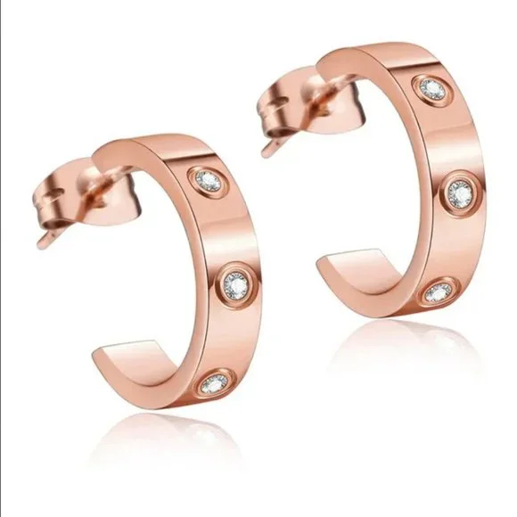Mens 14K Pink Rose Gold Diamond Semi Hoop Earrings 1ct Studded Guys Jewelry 14 K